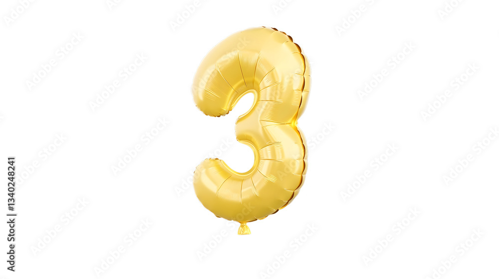 Poster A 3D rendering of a golden metallic number 3 foil balloon with a smooth polished surface and highlights appearing to float with a soft shadow effect against a transparent background
