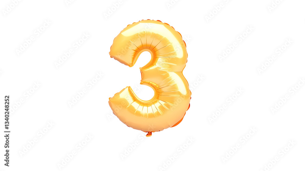 Aufkleber a metallic gold number 3 foil balloon floating in mid air with reflections and a smooth glossy three
