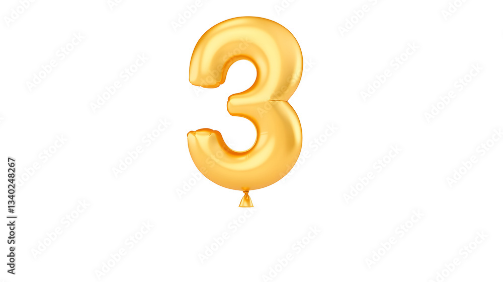 Leinwandbilder A floating metallic gold number 3 foil balloon with a glossy three dimensional appearance and reflections against a transparent background