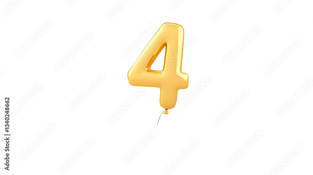 Aufkleber golden foil balloon in the form of the number 4 floating against a plain white background with soft highlights and smooth metallic shading