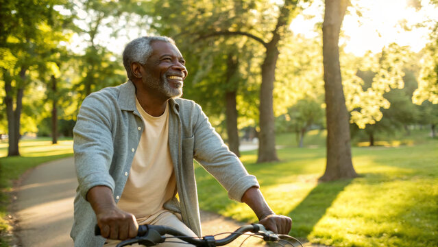 senior man riding bicycle in sunny park, enjoying nature and smiling warmly - Powered by Adobe