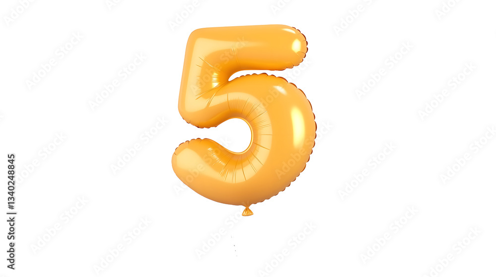 Poster 3D rendering of a shiny metallic gold number 5 foil balloon levitating with a soft shadow effect on a transparent background