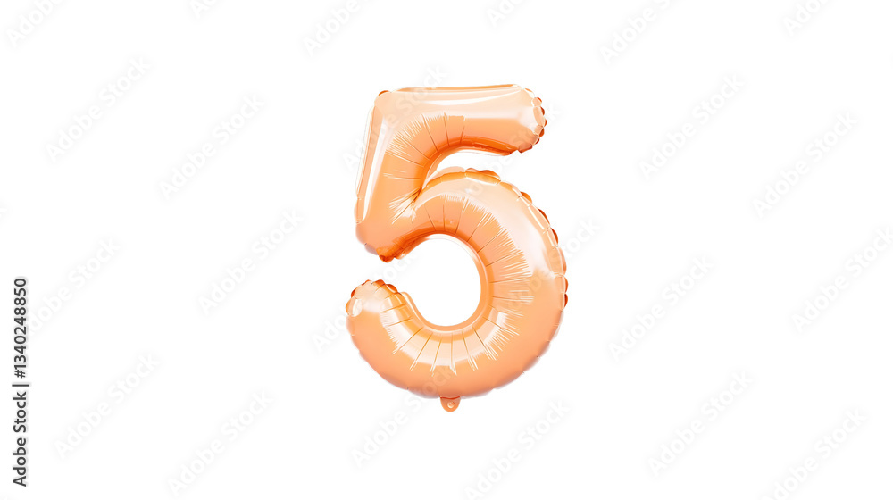 Poster A detailed three dimensional golden foil balloon shaped as the number 5 floating in an isolated space with a transparent background and light reflections and soft shadowing