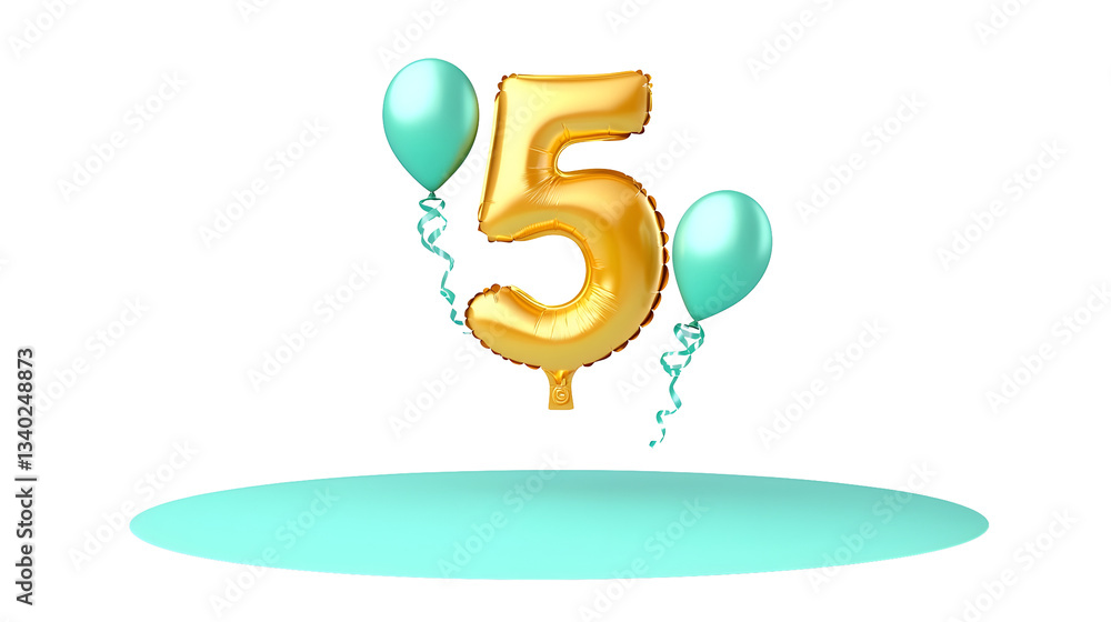 Aufkleber a detailed three dimensional golden foil balloon shaped as the number 5 floating in an isolated mini