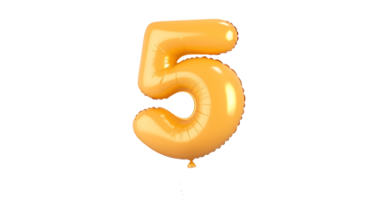 3D rendering of a shiny metallic gold number 5 foil balloon levitating with a soft shadow effect on a transparent background