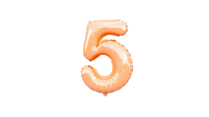 A detailed three dimensional golden foil balloon shaped as the number 5 floating in an isolated space with a transparent background and light reflections and soft shadowing