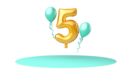 A detailed three dimensional golden foil balloon shaped as the number 5 floating in an isolated minimalist and transparent space with soft shadows and light reflections