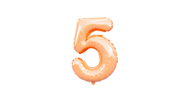 A detailed three dimensional golden foil balloon shaped as the number 5 floating in an isolated space with a transparent background and light reflections and soft shadowing