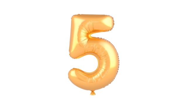 Shiny metallic gold foil balloon in the shape of the number 5 with a smooth reflective surface and a 3D effect floating against a clean white background