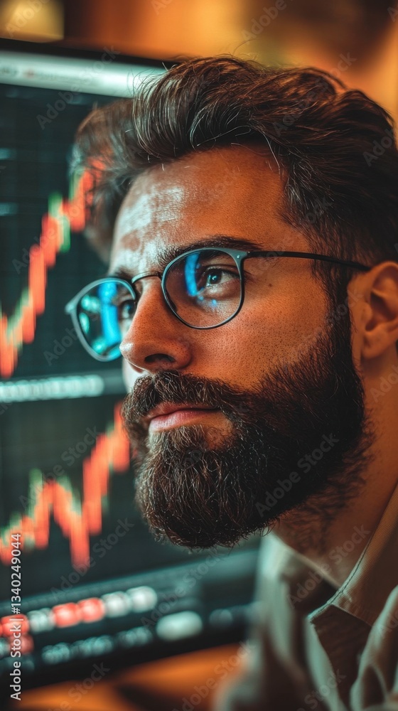 Poster close up portrait of a bearded man with glasses, intently focused on a computer screen displaying a 