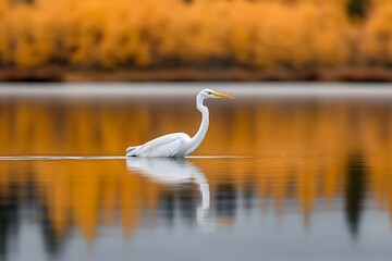 Great Egret Wading Autumn Lake Reflection.