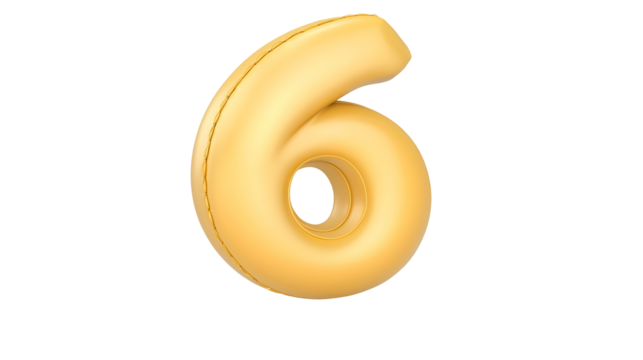 A detailed three dimensional golden foil balloon shaped as the number 6 floating in an isolated minimalist space with a transparent background