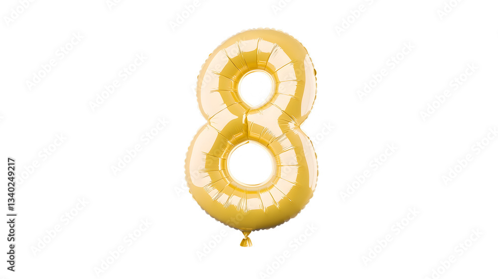Poster a shiny reflective golden foil balloon in the shape of the number 8 floating independently against a