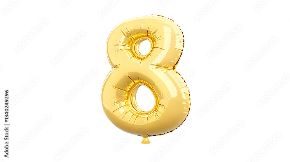 Poster a detailed three dimensional golden foil balloon shaped as the number 8 floating in an isolated spac