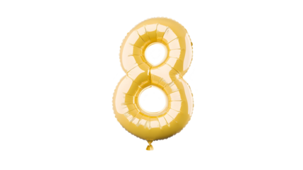 A shiny reflective golden foil balloon in the shape of the number 8 floating independently against a dark backdrop creating a minimal and elegant visual effect