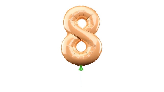 A rendition of a golden foil balloon in the shape of the number 8 with a smooth shiny and reflective metallic surface floating against a transparent background