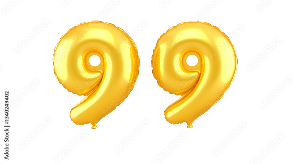 Poster 3D rendering of two shiny metallic golden number 9 foil balloons with a smooth polished surface and soft shadow effect floating on a transparent background