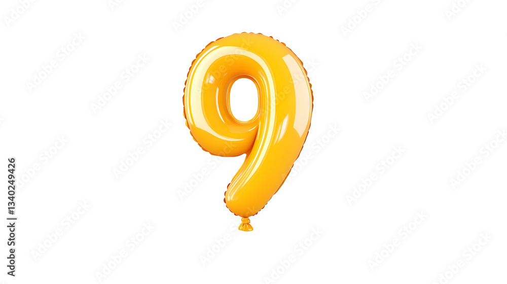 Aufkleber A golden foil balloon in the shape of the number 9 floating against a clean white background with soft highlights and a reflective surface