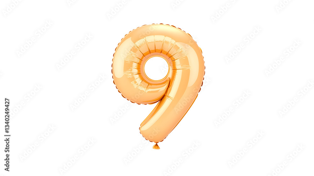 Poster A golden foil balloon in the shape of the number 9 floating against a clean white background with soft highlights and a reflective metallic surface