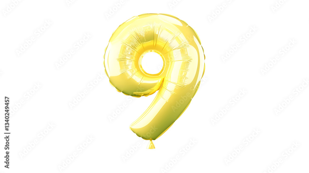 Poster a detailed three dimensional golden foil balloon in the shape of the number 9 floating in an isolate