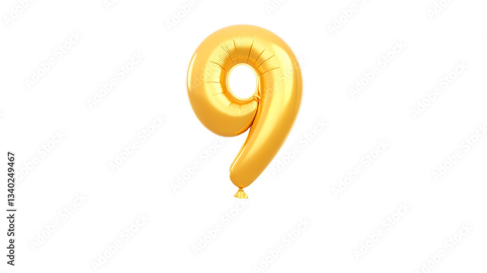 Poster A detailed three dimensional golden foil balloon shaped as the number 9 floating in an isolated space with light reflections and soft shadowing