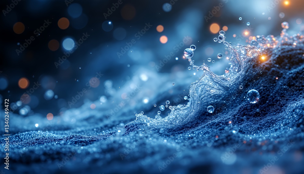 Poster Abstract Blue Liquid Texture with Sparkling Particles and Bokeh Lights