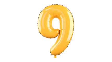A 3D rendering of a golden metallic number 9 foil balloon with a polished reflective surface and a soft glowing shadow effect