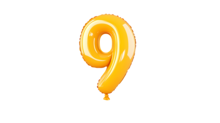 A golden foil balloon in the shape of the number 9 floating against a clean white background with soft highlights and a reflective surface