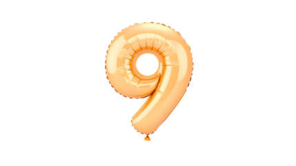 A golden foil balloon in the shape of the number 9 floating against a clean white background with soft highlights and a reflective metallic surface