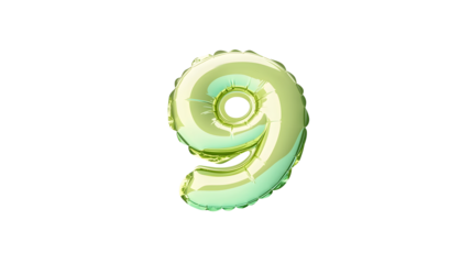 A floating highly reflective gold foil balloon in the shape of the number 9 with a smooth dimensional design and soft lighting effects against a transparent background
