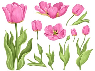 Obraz premium Pink Tulips Floral Elements Botanical Illustration Set