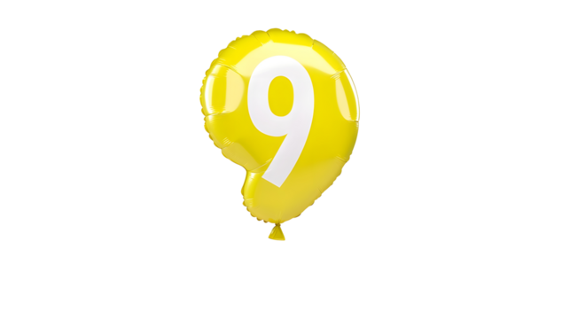 A 3D rendering of a golden reflective number 9 foil balloon floating with a soft shadow effect and a smooth glossy appearance