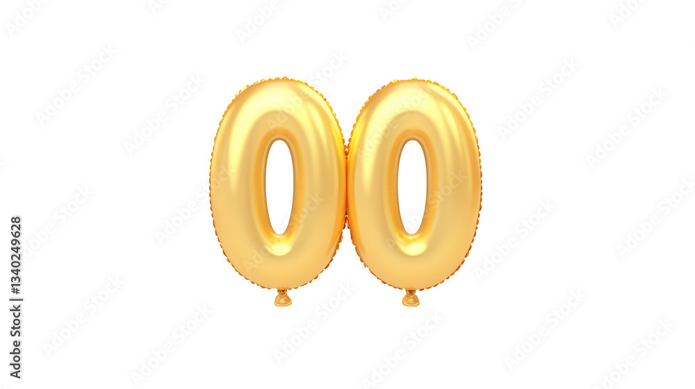 Poster Two shiny reflective gold foil balloons in the shape of the number 0 creating a minimalist and celebratory image against a plain white background