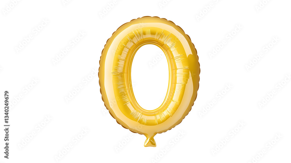 Poster A golden metallic foil balloon in the shape of the number 0 floating in a clean white studio setting with soft highlights and a reflective shiny surface