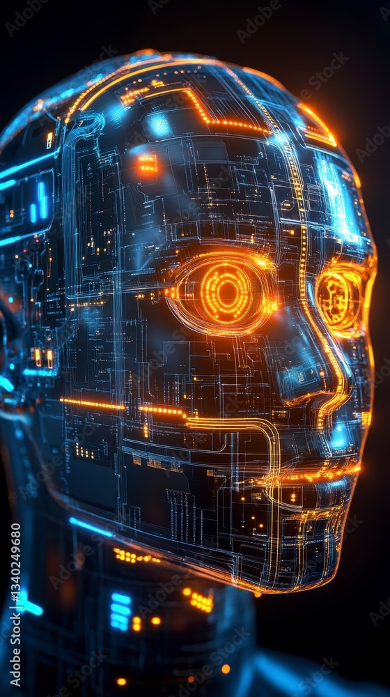 Poster close up of a futuristic robot head, glowing with orange and blue circuit lines against a dark backg