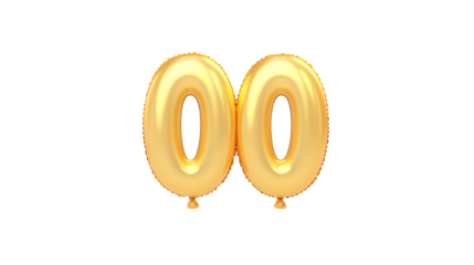 Two shiny reflective gold foil balloons in the shape of the number 0 creating a minimalist and celebratory image against a plain white background