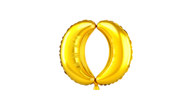 A golden foil balloon in the shape of the number 0 floating against a transparent background with soft highlights and smooth shading
