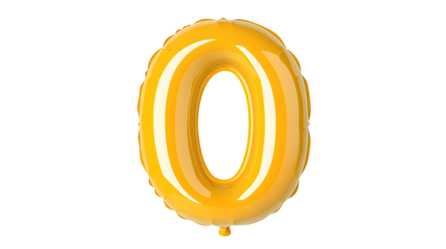 Elegant gold metallic inflatable balloon in the shape of the number zero with a smooth reflective surface and a 3D effect against a clean white background
