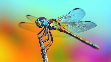 Vibrant dragonfly perched on twig.