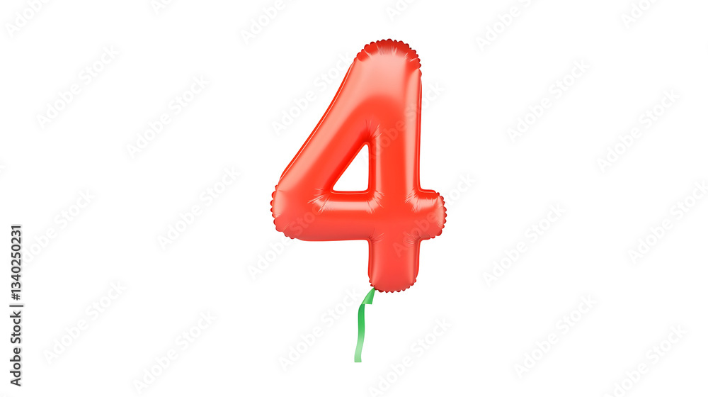 Fototapete a vibrant red foil balloon shaped like the number 4 with a reflective metallic surface and a 3d effe