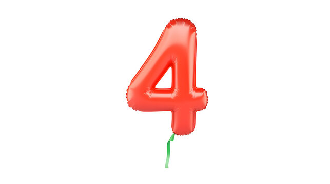 A vibrant red foil balloon shaped like the number 4 with a reflective metallic surface and a 3D effect  The balloon is floating freely against a clean white background