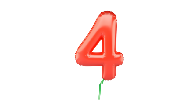 A vibrant red foil balloon shaped like the number 4 with a reflective metallic surface and a 3D effect  The balloon is floating freely against a clean white background