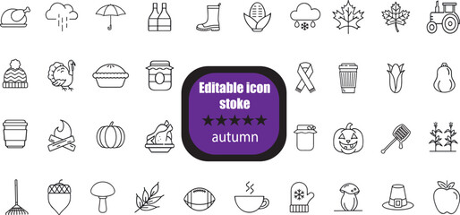  autumn outline icons. Collection of fall related objects, plants and animals, holidays, celebrations