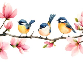 Watercolor Birds on Magnolia Branch  Spring Floral Illustration
