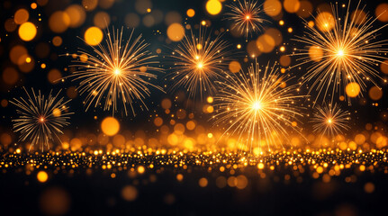 Fototapeta premium Glittering golden bokeh shining on a dark background with fireworks.