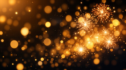 Obraz premium Glittering golden bokeh shining on a dark background with fireworks.