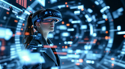 Businesswoman wearing virtual reality glasses and entering the vast metaverse. Innovation and collaboration, using advanced AI algorithms, analyzing data in real time.