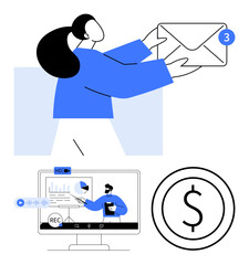 Woman holding envelope with notification, video recording of a presentation on monitor, and currency symbol. Ideal for communication, marketing, education, online payment, notification, business