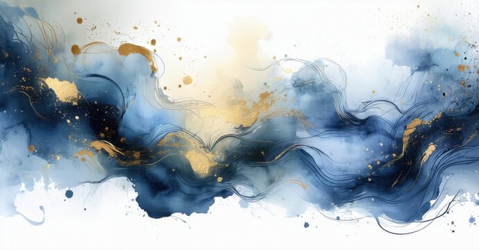 Soft flowing watercolor washes creating delicate swirling patterns on white background deep navy and muted gold symbolizing dreamlike artistic composition