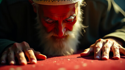 Elderly Man Praying Humble Devotion Spiritual Faith Religious Belief Muslim Culture Islamic Tradition Peaceful Worship God Surrender Serene Moment
